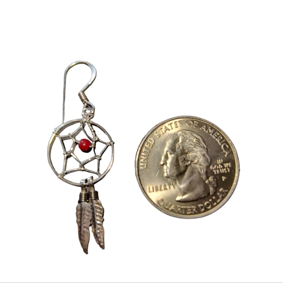 Red Coral & Sterling Silver Dreamcatcher Dangle Earrings - Picture 3 of 8